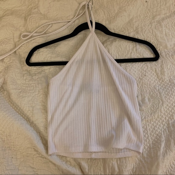 White ribbed tie neck crop top - Picture 1 of 3